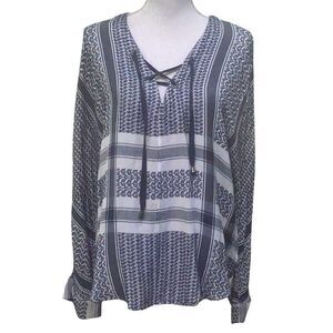 Rails Women’s Blue White Boho Geometric Print Long Sleeve Blouse Top Size Large